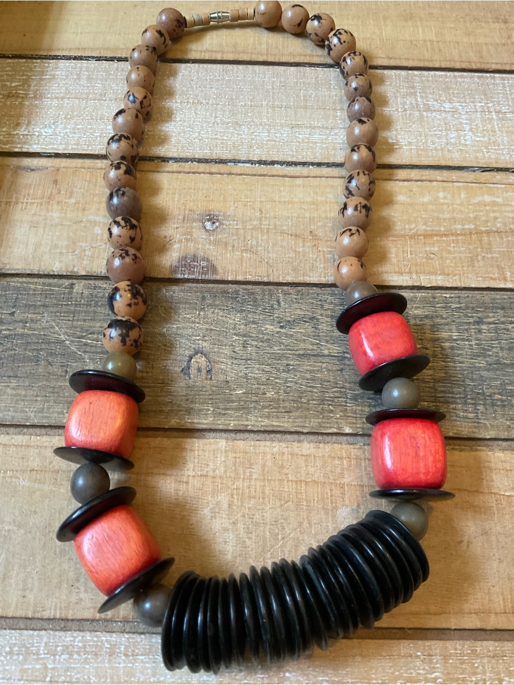 Bold Geometric Statement Necklace//Modernist Wood & Red Artisan Piece